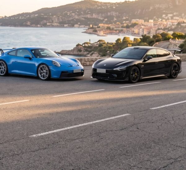 Porsche 911 und Xiaomi SU7 Ultra auf einer Küstenstraße als Symbolbild für den Wandel im chinesischen Premiumautomarkt