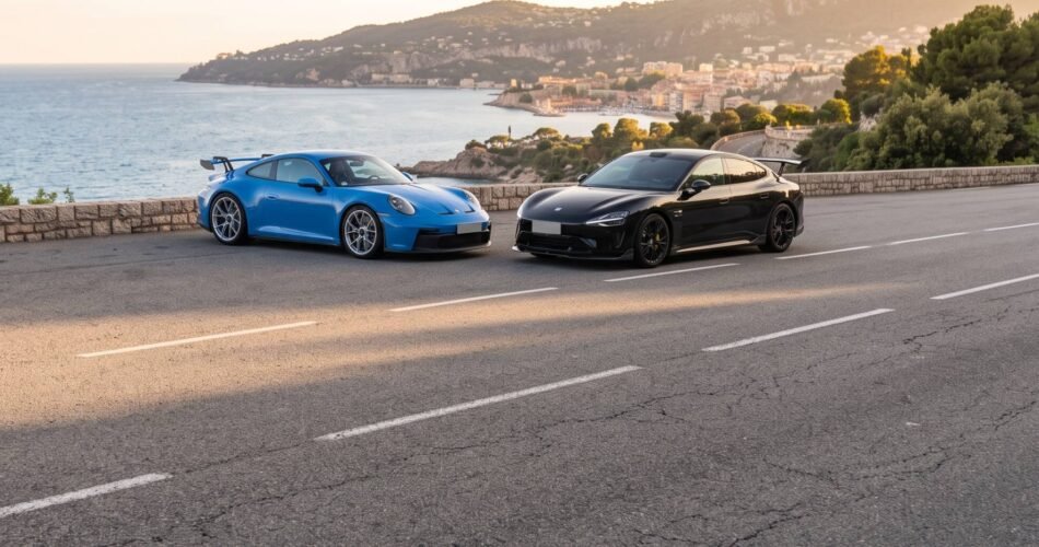 Porsche 911 und Xiaomi SU7 Ultra auf einer Küstenstraße als Symbolbild für den Wandel im chinesischen Premiumautomarkt